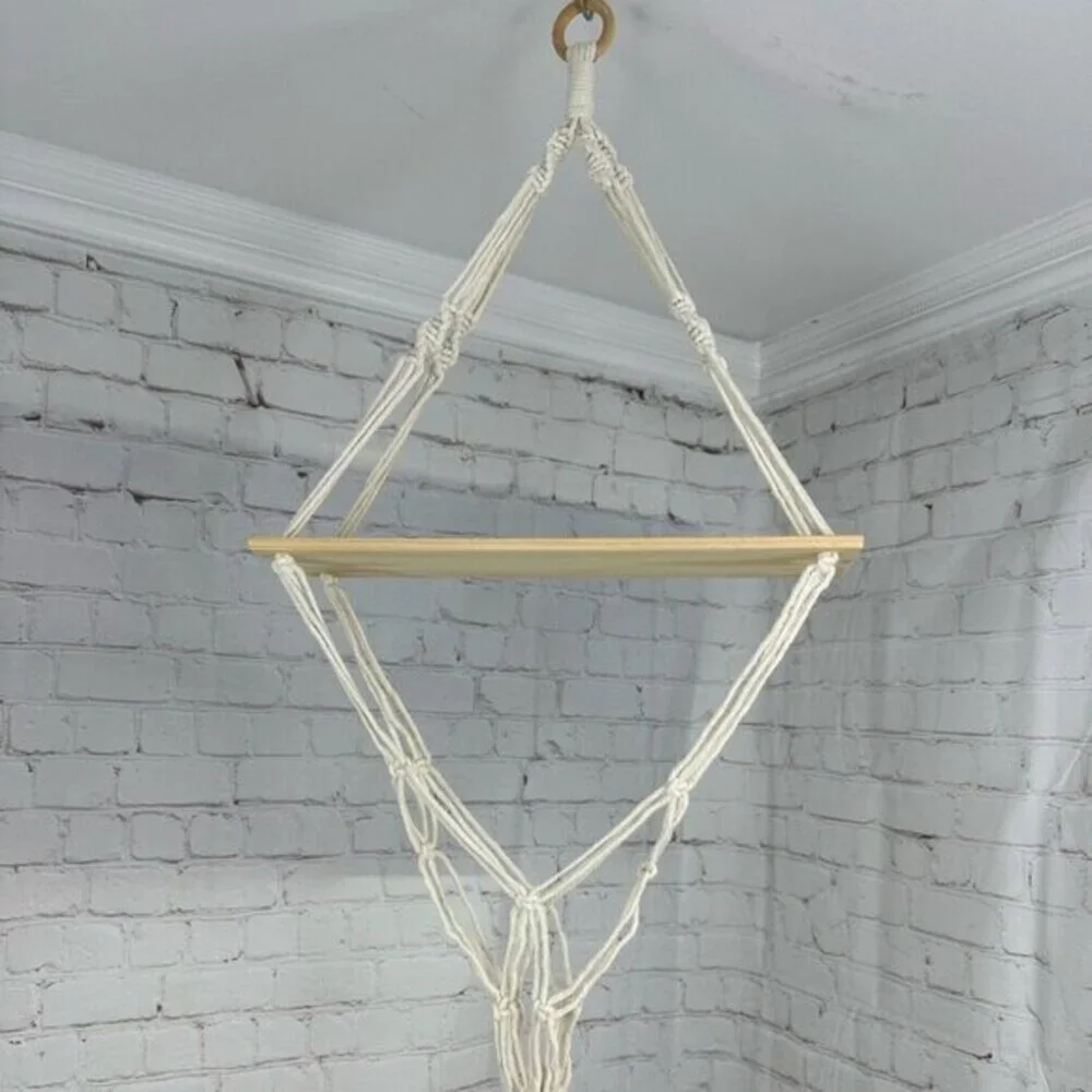 Lot of 2 Macrame Hanging Shelves with Plant Hanger Cream Boho Wood‎ Wall Decor